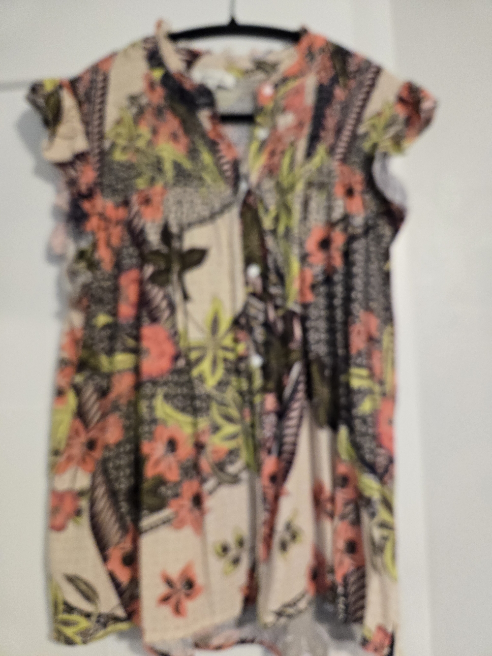 Another Love Coral, Olive & Cream Floral Button-Front Top